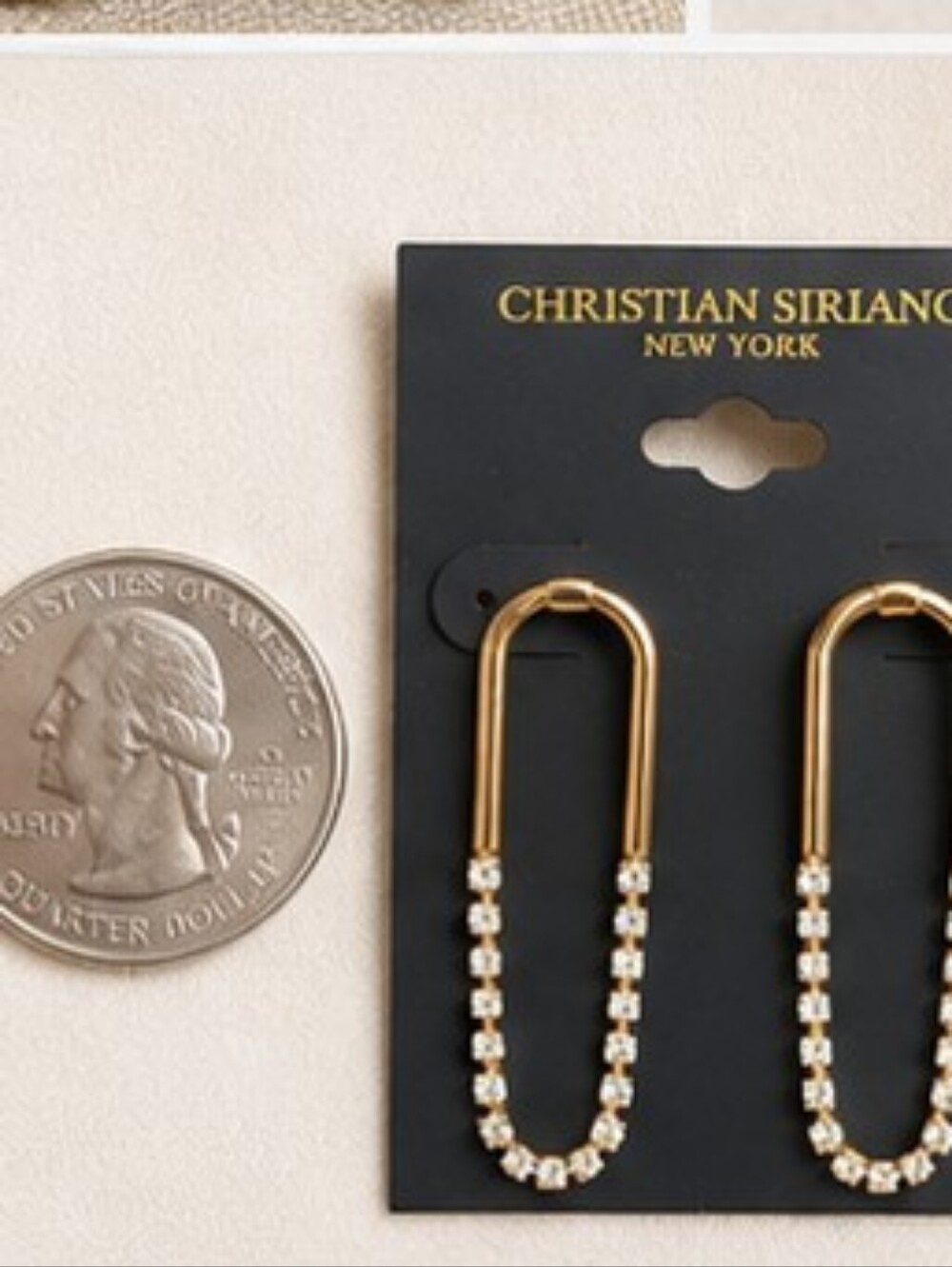 Christian Siriano NY Gold Tone Rhinestone U Shape Drop Earrings NWT - Picture 4 of 4